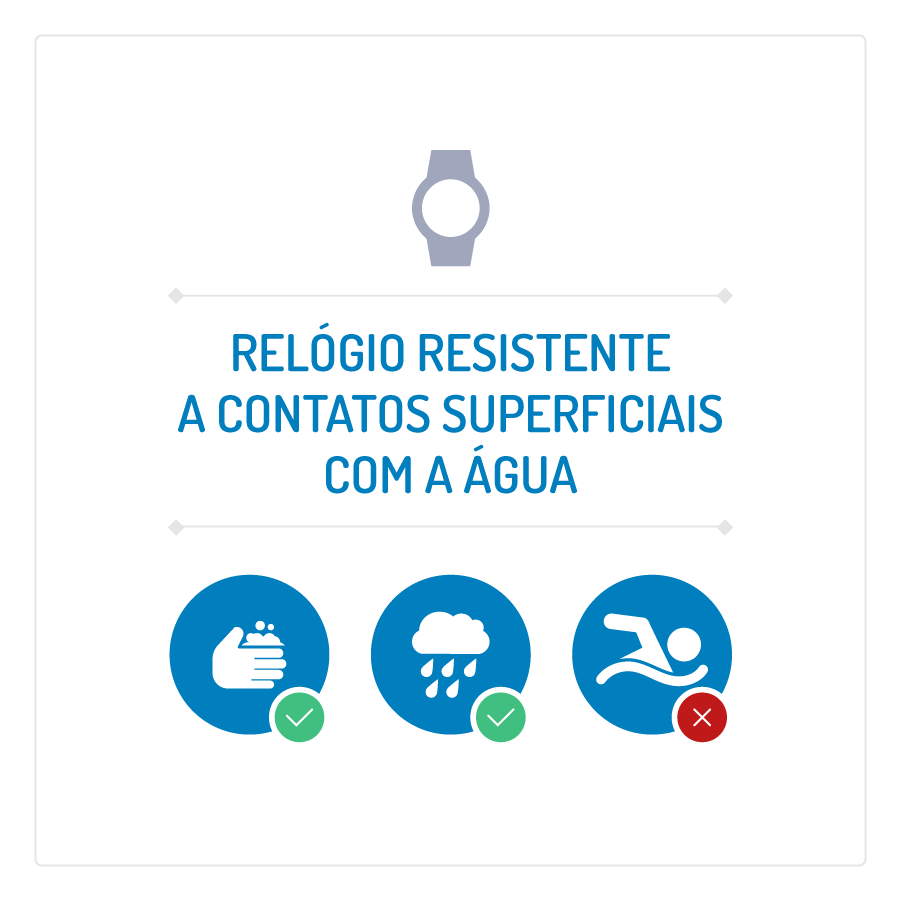 Relógio resistente a constatos superficiais com a água.